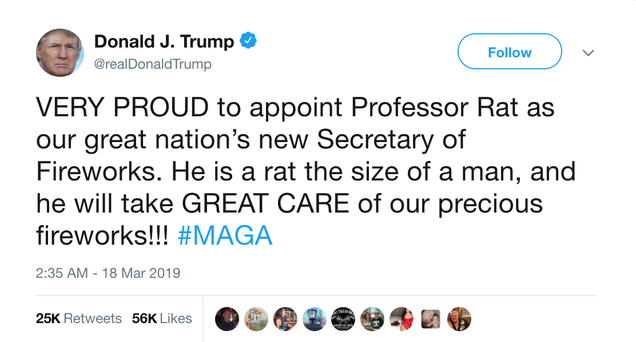 Illustration for article titled Patriots Rejoice! Donald Trump Has Appointed Professor Rat As The U.S. Secretary Of Fireworks